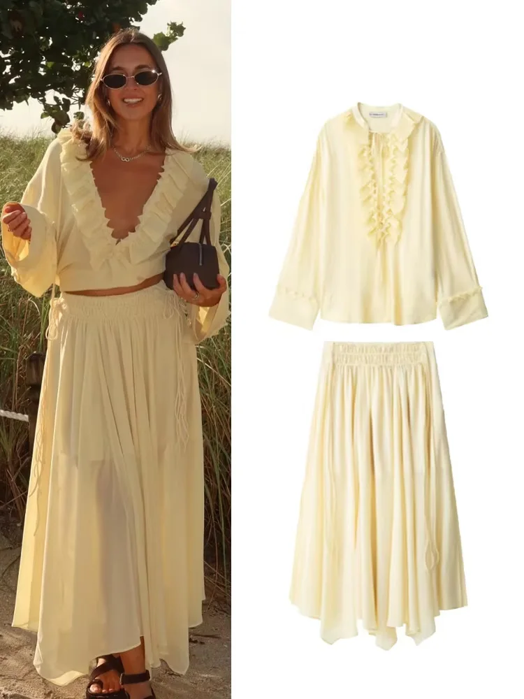 HH Damen-Sommermode-Rock-Anzug, V-Ausschnitt, lange Ärmel, abgestufte Dekoration, Schnürhemden + seitlicher Reißverschluss, kreisförmiger Chiffon-Rock