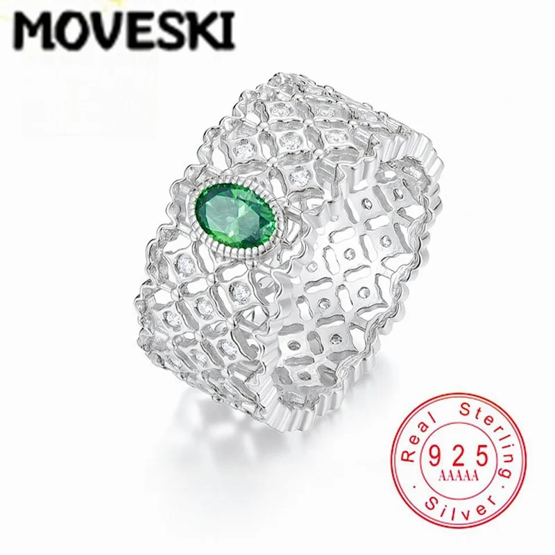 

Real 925 Sterling Silver 0.5CT Oval Green Moissanite Hollow Lace Finger Ring For Women Retro Fine Jewelry Gift