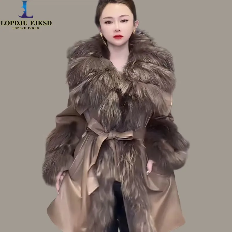 

Faux Raccoon Dog Fur Collar Coat for Women,Covered Button PU Jacket,Thick Warm Female Clothes,Autumn and Winter, 2024