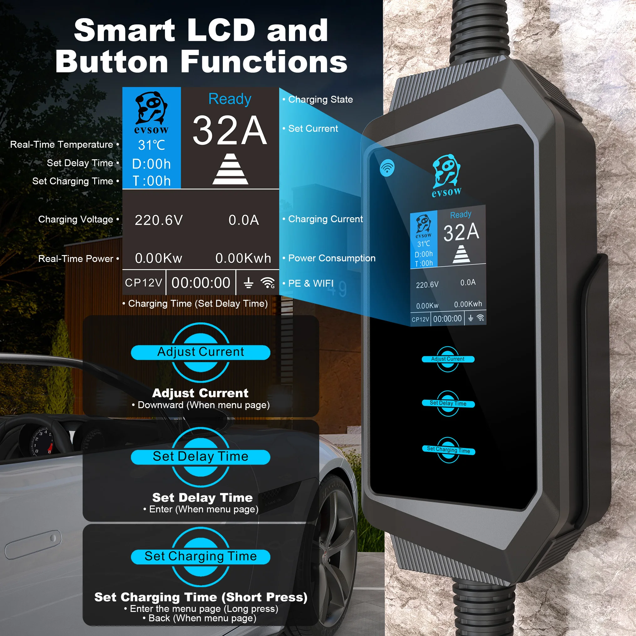 Feyree Type2 شاحن سيارات كهربائية 7KW 32A مرحلة واحدة شاحن السيارة الكهربائية مع WiFi APP التحكم قابل للتعديل الحالي ومجموعة وقت الشحن