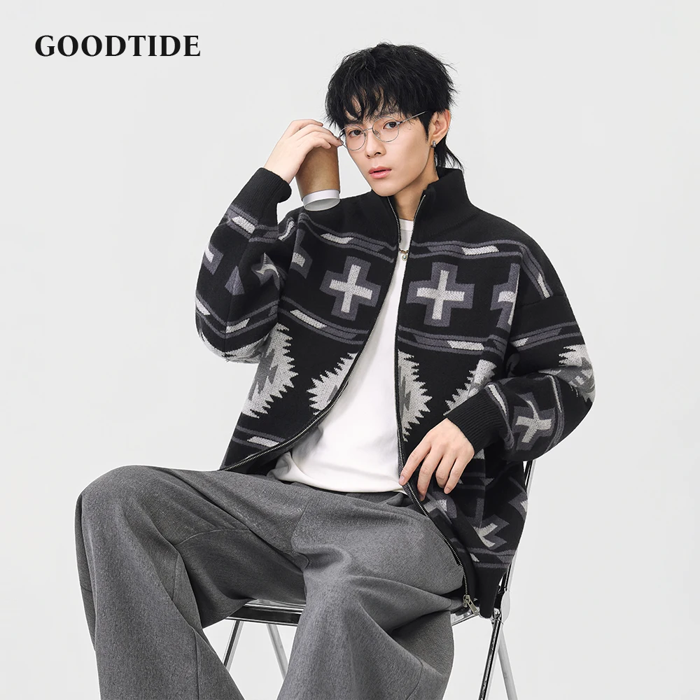 سترة رجالية عصرية غير رسمية بسحاب كامل ورقبة وهمية 2025 شتاء جديد نمط هندسي محبوك سترة ناعمة كم طويل ملابس خارجية #5