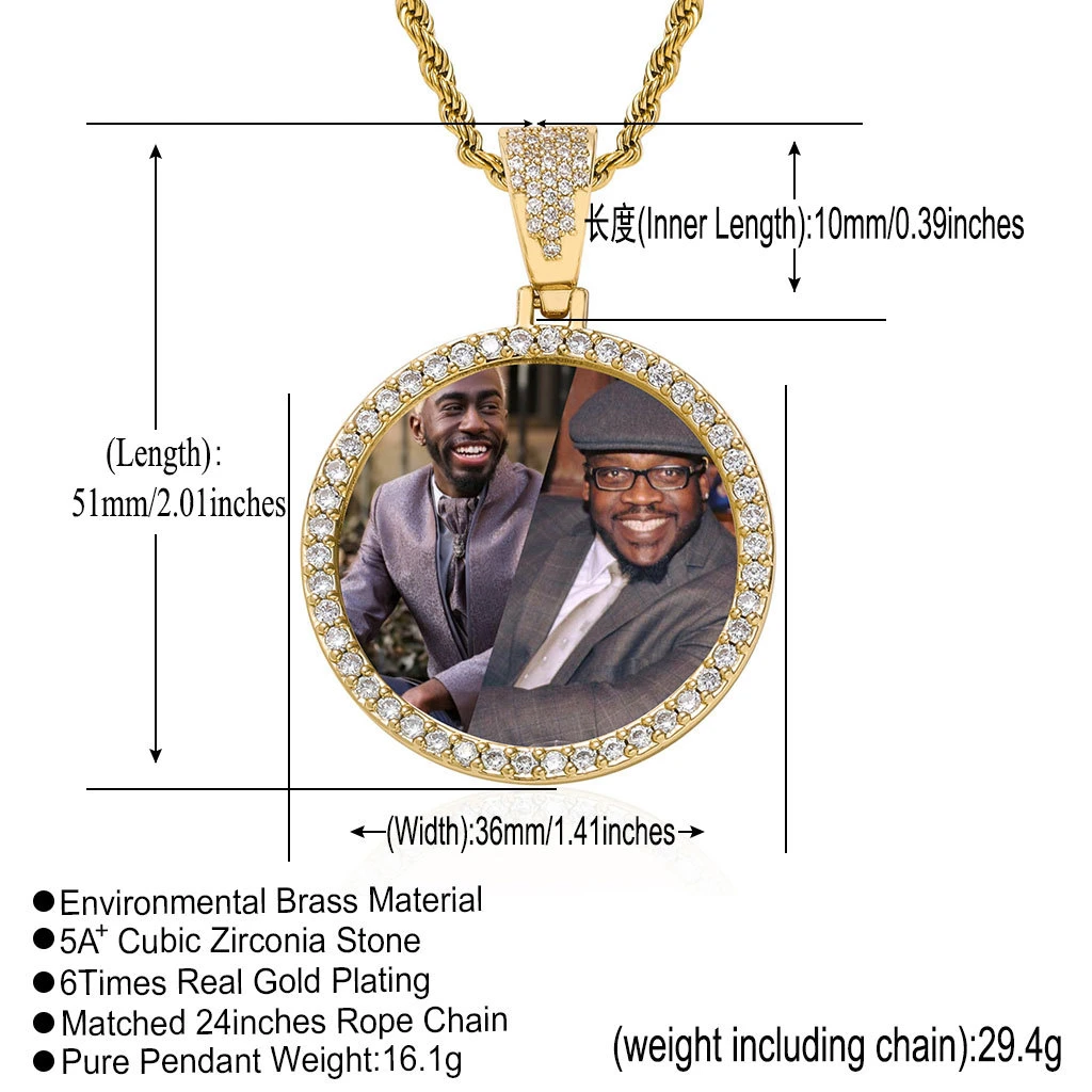 Personalized Custom Picture Pendant Necklace Zircon Inlay Gold Plated Stainless Steel Round Medallion Jewelry Anniversary Gi - view 4