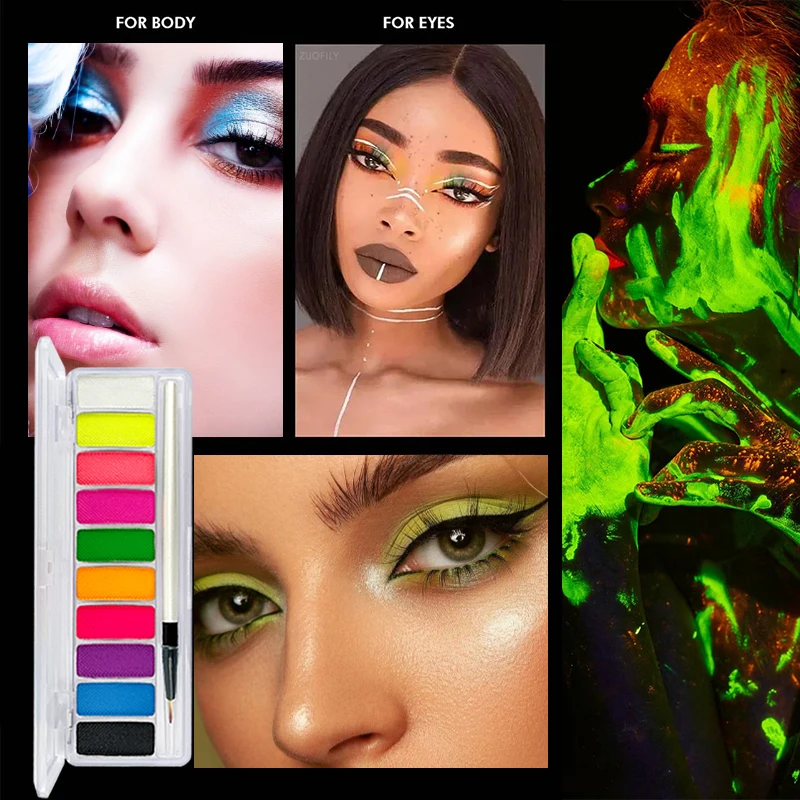 10 ألوان أصباغ مضيئة، لوحة مكياج نيون مضيئة للوجه، مناسبة للأطفال والكبار في الهالوين والحفلات