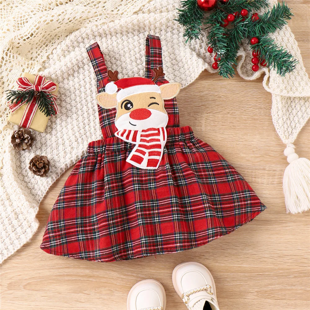 0-18M Christmas Newborn Infant Baby Girls Clothes Sets Red Letter Print Romper Deer Plaid Skirts Headwear Xmas Outfits Costume