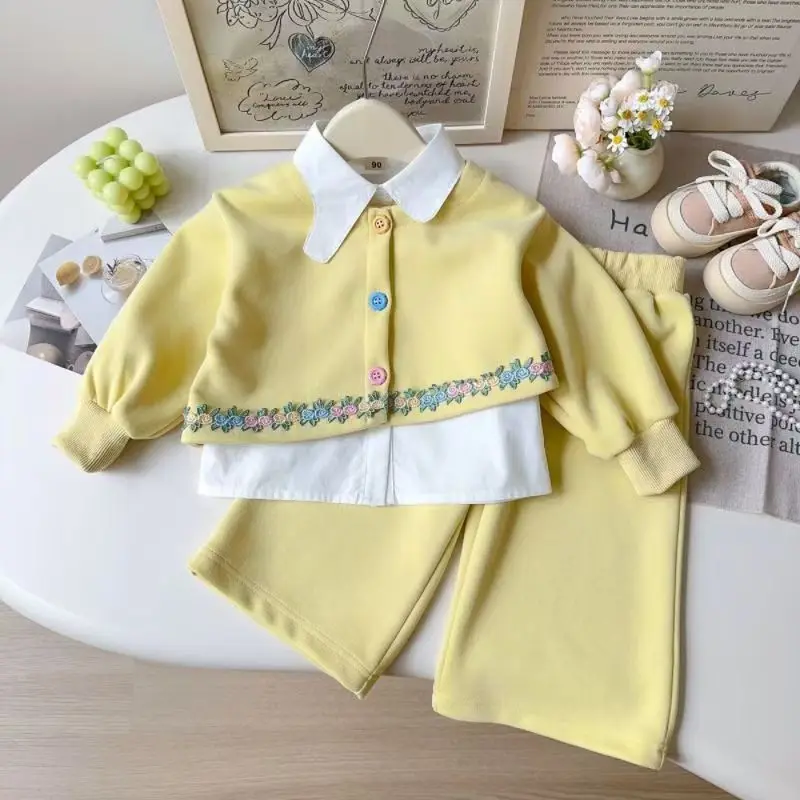 Girls' 3-Piece Spring and Autumn Set Lace Trim Hoodie + Collar Shirt & Pants Korean Style Casual Outfit for Toddlers 90-140CM