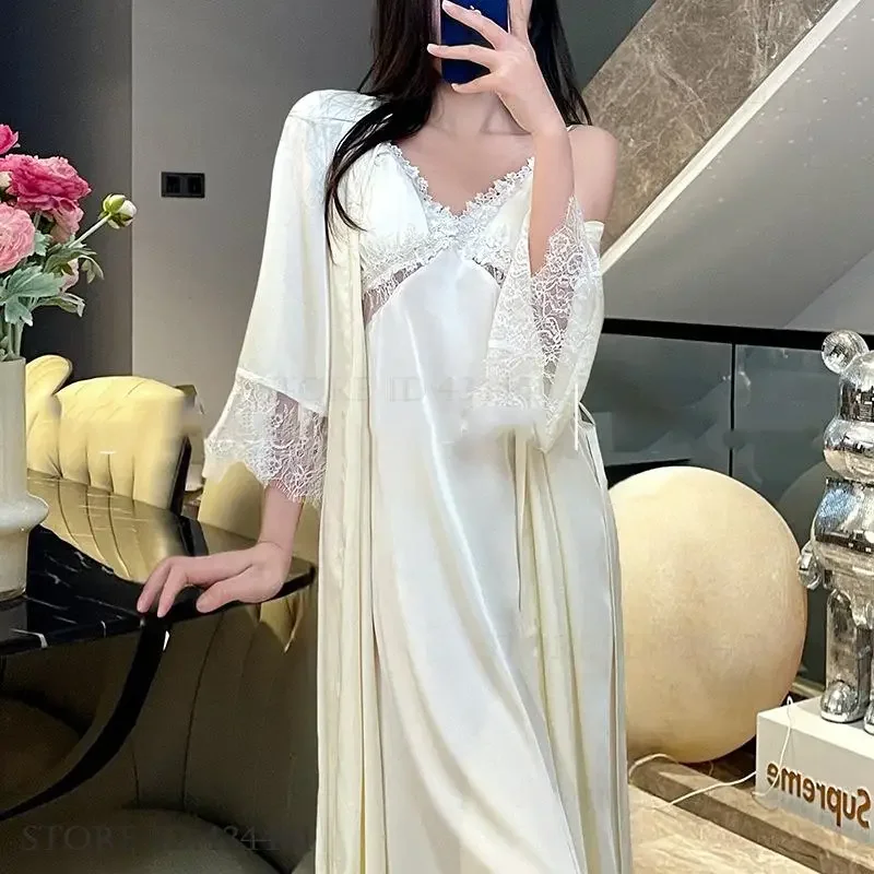 

Elegant White Bride Wedding Robe Nightgown Set Long Kimono Bathrobe Gown Sexy Lace Nightdress Lingerie Silky Sleepwear Homewear