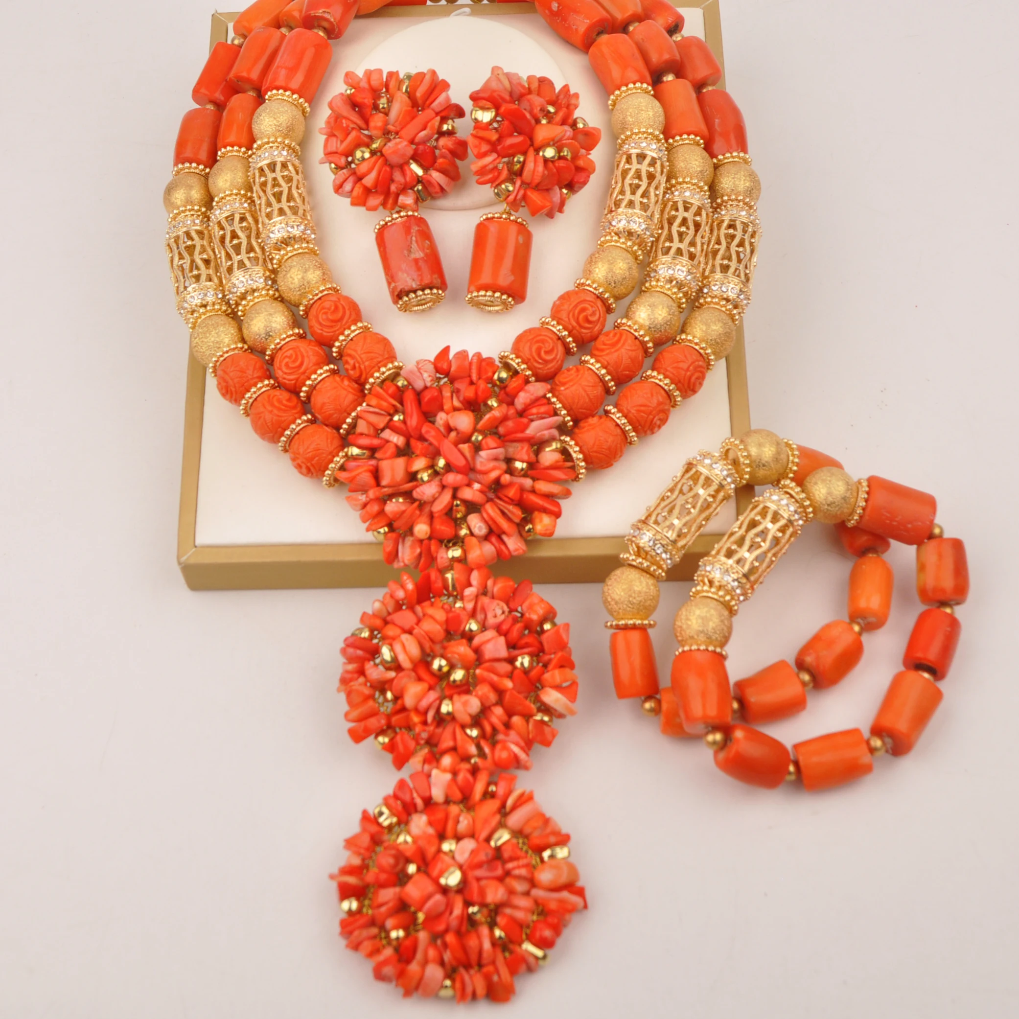 

Orange Coral Necklace Bracelet Earrings Nigerian Wedding African Beads Bridal Jewelry Sets