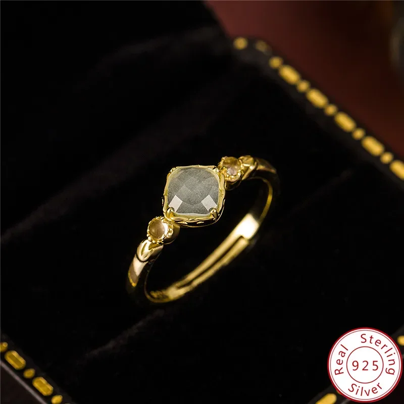 

Real 925 Sterling Silver 14k Gold Plating Geometric natural crystal Open Ring For Women Light Luxury Fine Jewelry