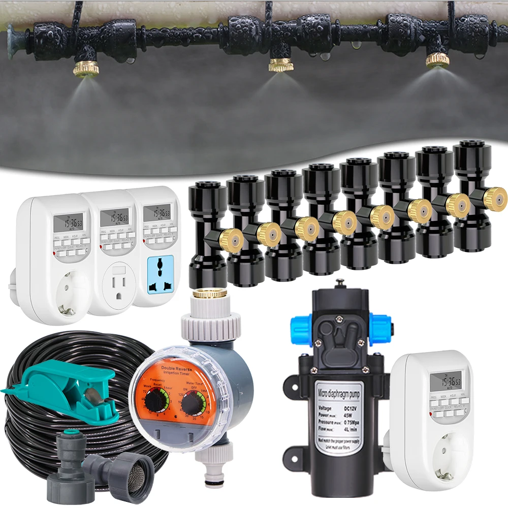 6-24m Misting Cooling System 0.4mm Atomization Sprayer Nozzle 45W Water Pump Timer Kit Slip Lock Quick Insert Outdoor Irrigation