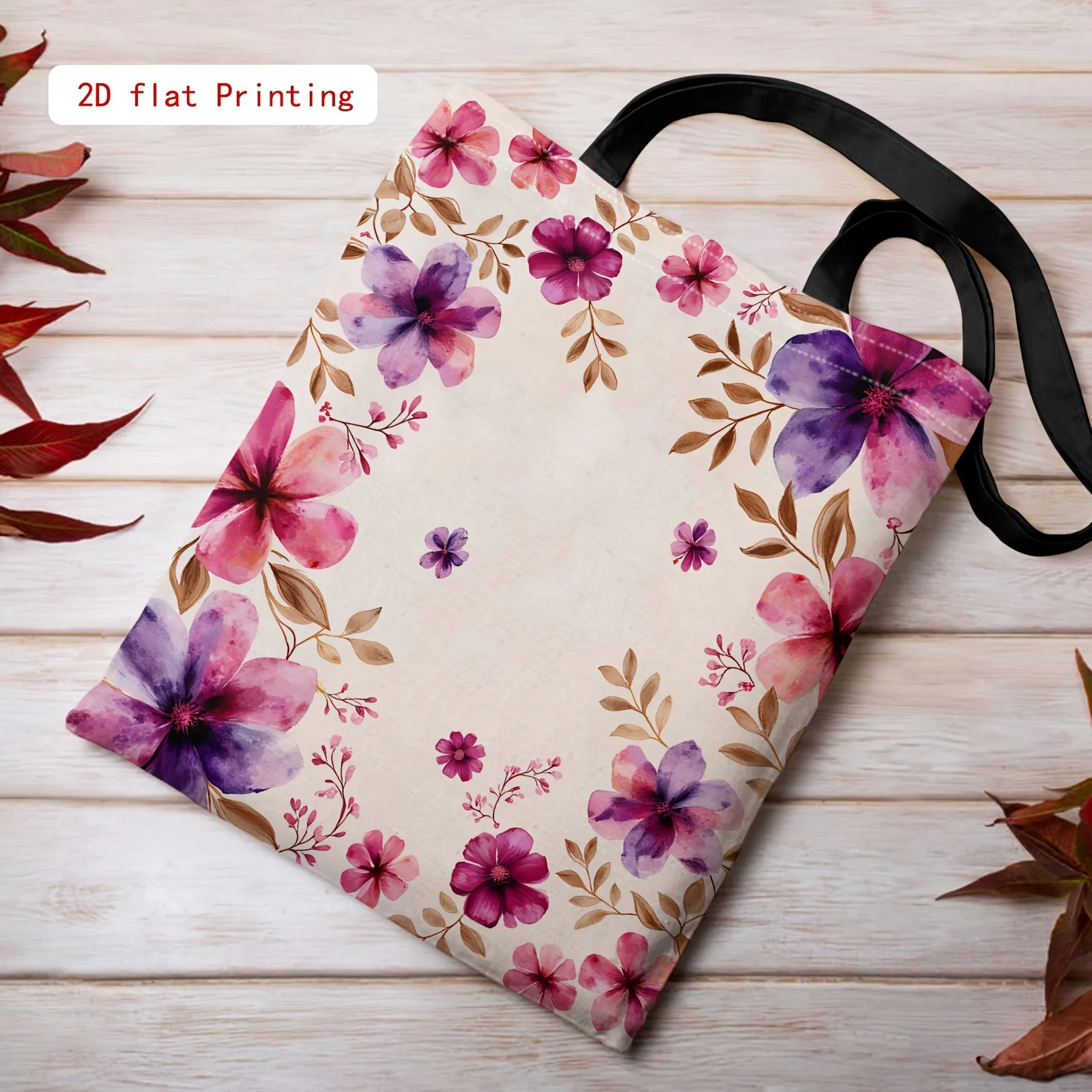 A Handbag Featuring a Design of Light Purple Floral Branches, Perfect for Everyday Commuting. It Comes with a Fixed Shoulder Str