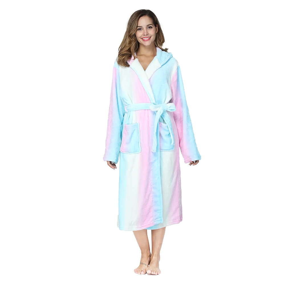 RONGTAI Womens Rainbow colored Flannel Bathrobe Ladies Fleece Plush Warm Long Robes Fleece Nightgown Sleepwear