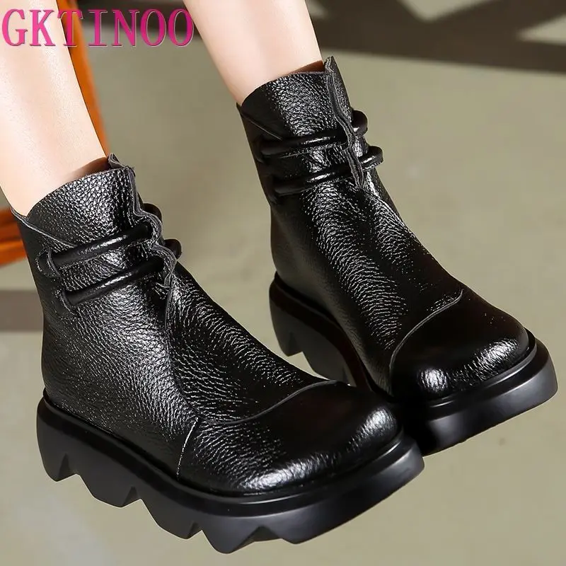 

GKTINOO Comfortable Genuine Leather Women's Boots Thick-soled Platform Wedge Heel Short Boots Casual Retro Boot Shoes Round Toe