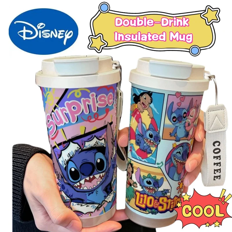 

Disney Stitch креативный милый студенческий термос из нержавеющей стали с двойной соломинкой для питья, высокая цветовая чашка для кофе большой емкости
