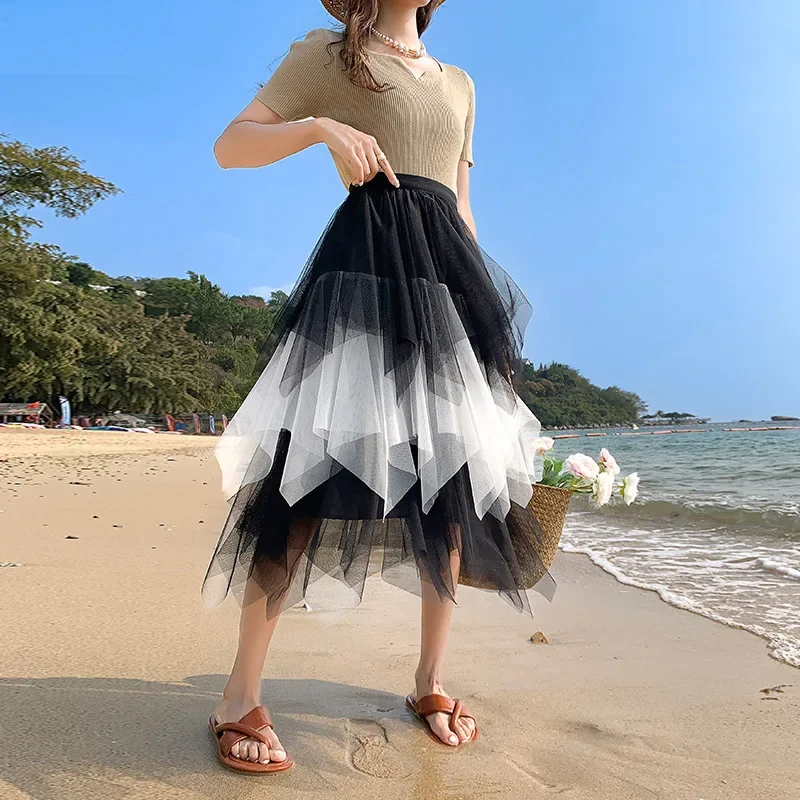 

Spring Summer Contrast Color Irregular Long Mesh Skirt Fluffy Patchwork A-line Long Tulle Skirts