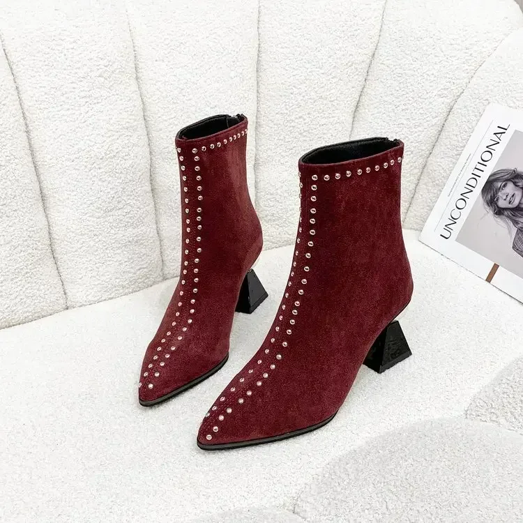 2024 Shallow Spring Autumn Women Ankle Boots Punk Pointed Toes  Heels Designer High Heels Ladies Short Boots Back Zip