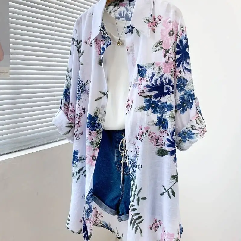 

2025 New Women's Random Print Shirt | Loose and Casual Mid-Length Lapel Shirt, Lightweight, Breathable, Long-Sleeved, Sunscreen