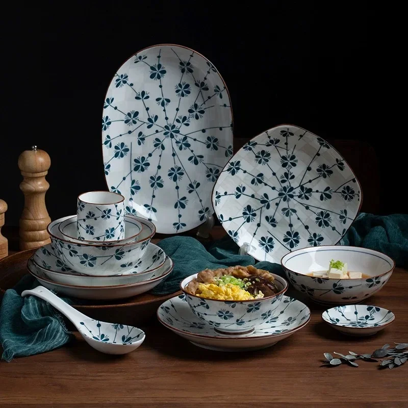 LingAo --Japanese-style underglaze painted pottery bowls, plates, soup bowls and saucers tableware set