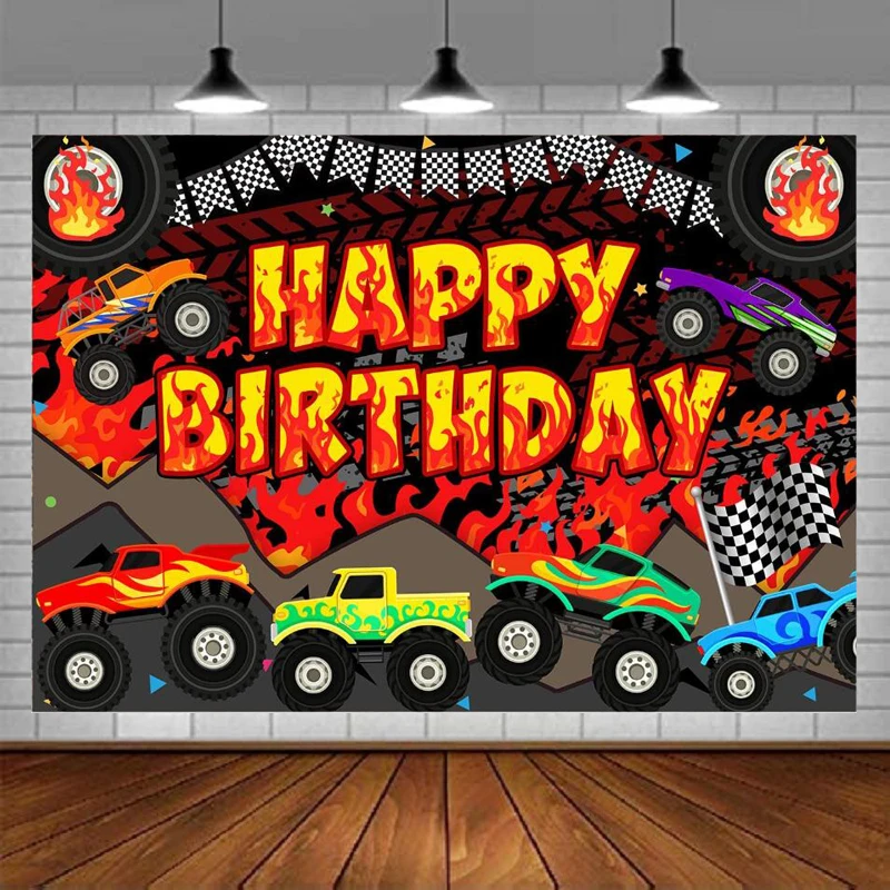 Racing Car Backdrop For Boys Cartoon Car Birthday Party Photo Black White Grid Cool Colorful Background Banner Photo Booth Props