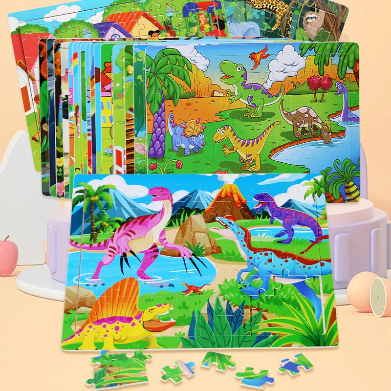 80 Pieces Wooden Jigsaw Puzzle Kids Cartoon Animal Vehicle Puzzles Montessori Learning Educational Toys for Children