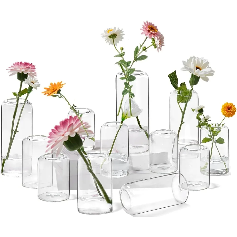 

Прозрачные вазы, набор из 12 маленьких стеклянных ваз с бутонами оптом, прозрачные цилиндрические вазы для центральных элементов, элегантные цветочные композиции, цветы