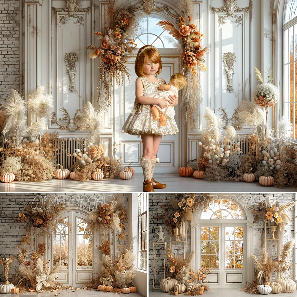 

Fall Theme Backdrop White Vintage Window Pampas Grass Fall Flowers Autumn Garland Pumpkins Background Photo Studio Photocall