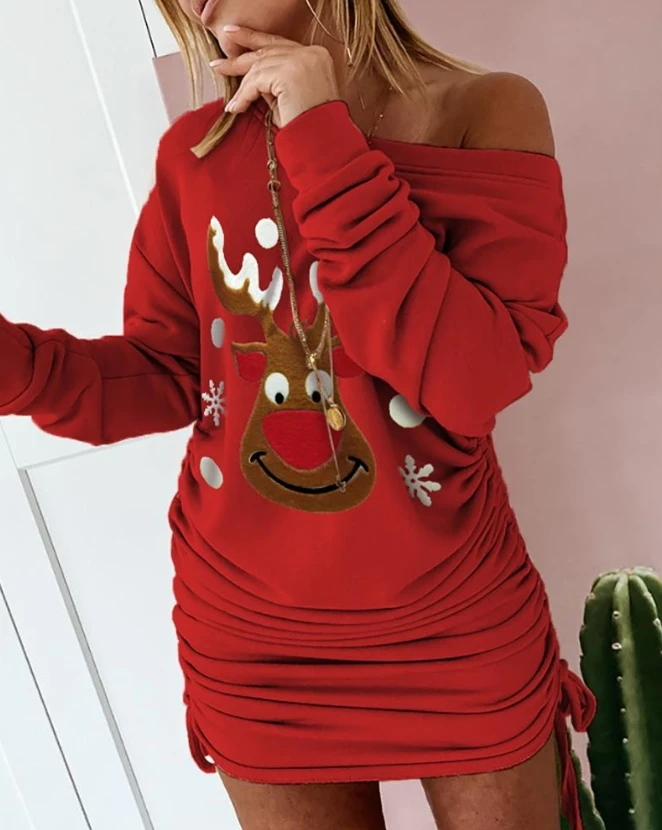 Christmas Moose Print Womens Dresses 2023 Spring Fashion Drawstring Ruched Casual Round Neck Long Sleeve Mini Sweatshirt Dress