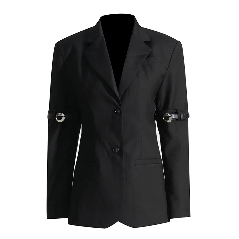 Women's formal spliced lapel long sleeve outwear blazer jacket belt two button slim blazer coat