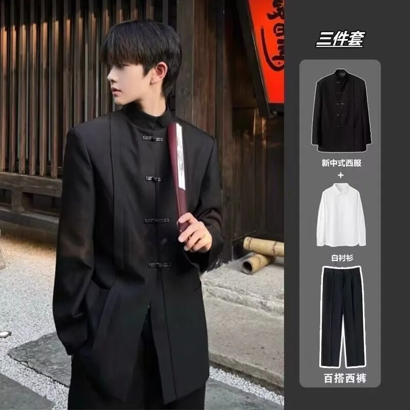 

1-A21 New Chinese Style Stand Collar Suit Jacket Men's National Autumn Casual Newd Sense Black Zhongshan Suit Jacket Fashion