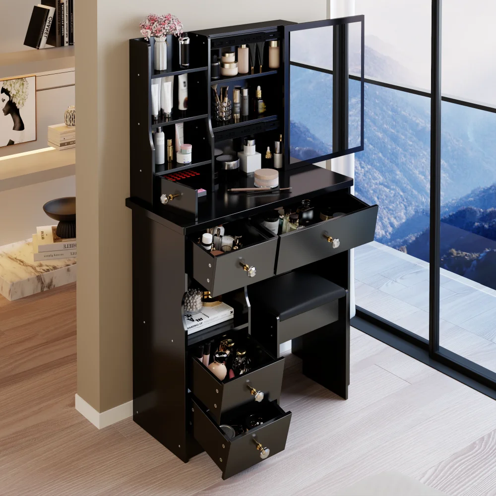 Small Space Left Drawer Desktop Vanity Table + Cushioned Stool, Extra Large Right sliding mirror, Multi Layer High Capacity Storage, Practical Fashionable Dresser, EPA, GCC, UL Certificate