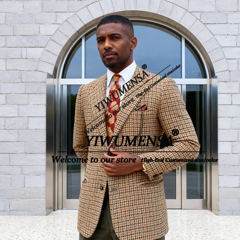 Classic Houndstooth Man Suit Jackets Notch Lapel Tuxedos Casual Leisure Blazer Slim Fit Plaid Checks Single Breasted Men's Coat
