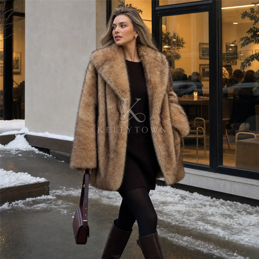 Faux Fur Coat Women Oversized Turn Down Collar Open Front Long Sleeve Flare Sleeve Long High Street Autumn Winter шуба женская