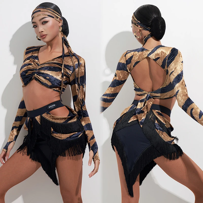 2025 Latin Dancer Outfits For Women Long Sleeved Crop Tops Tassel Skirts Suit Adult Female Chacha Rumba Latin Dance Clothing