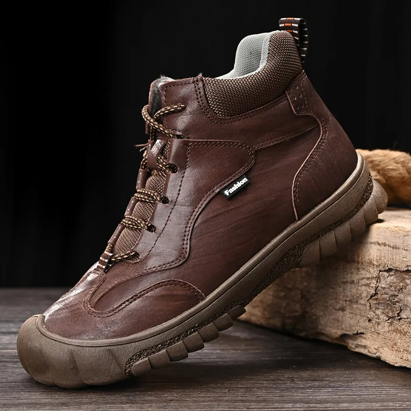 High quality high tops genuine leather boots for men new 2023 autumn winter size 45 46 plush warm walking shoe - black brown
