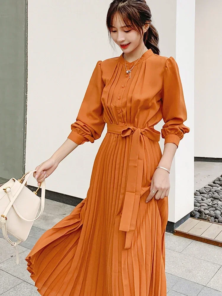 เดรสยาวใหม่สำหรับฤดูร้อน แขนยาว ทรงเข้ารูป ช่วยกระชับเอว ผูกเชือก คอเสื้อเชิ้ต ดีไซน์หรูหรา กระโปรงจีบสไตล์วินเทจ