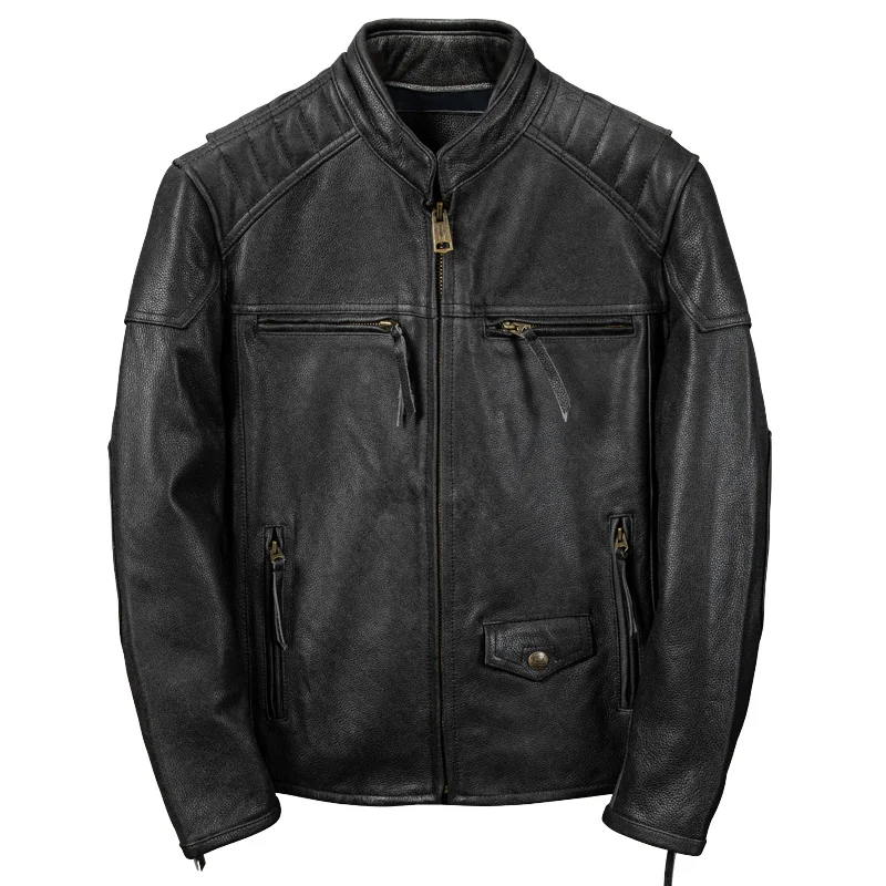 

Vintage Black Men's Autumn Jacket Plus Size 5XL Motorcycle Style Natural Cowhide Spring Slim Fit Genuine Leather Coats