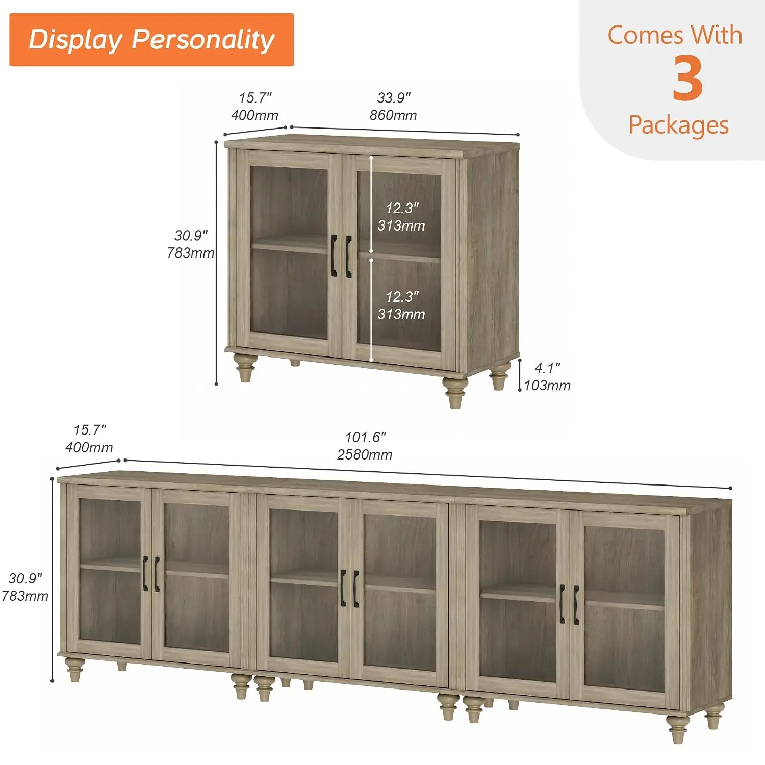 Farmhouse Sideboard Buffet Cabinet with 6 Glass Doors, 101 Inch, Grey, Customized