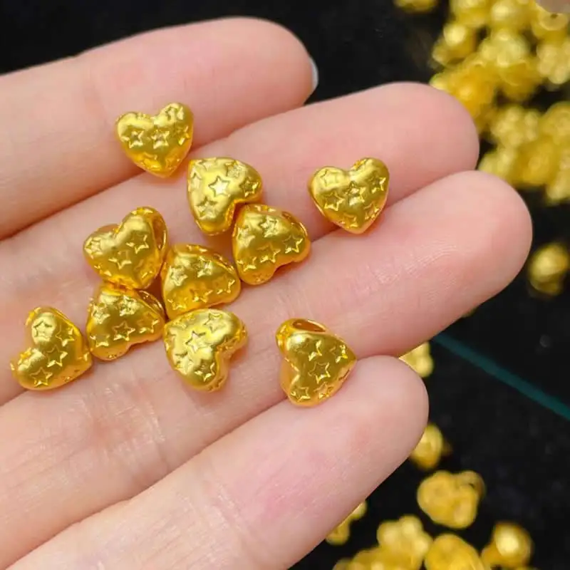 Solid 24K Yellow Gold Beads Women 999 Gold Star Heart Loose Beads 1pcs