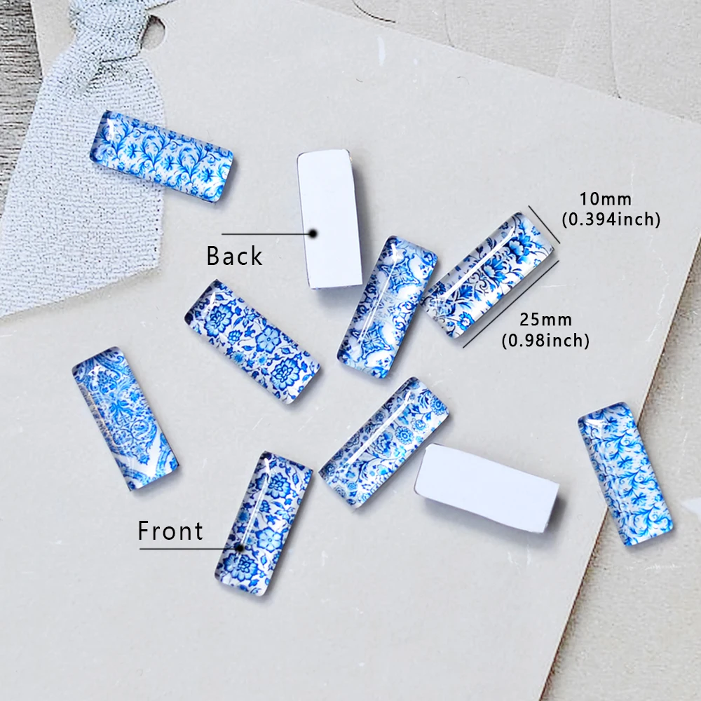 10pcs Assorted 10x25mm Rectangle Glass Cabochons Blue Porcelain Flower Patterns- Ideal for DIY Jewelry Making & Crafts