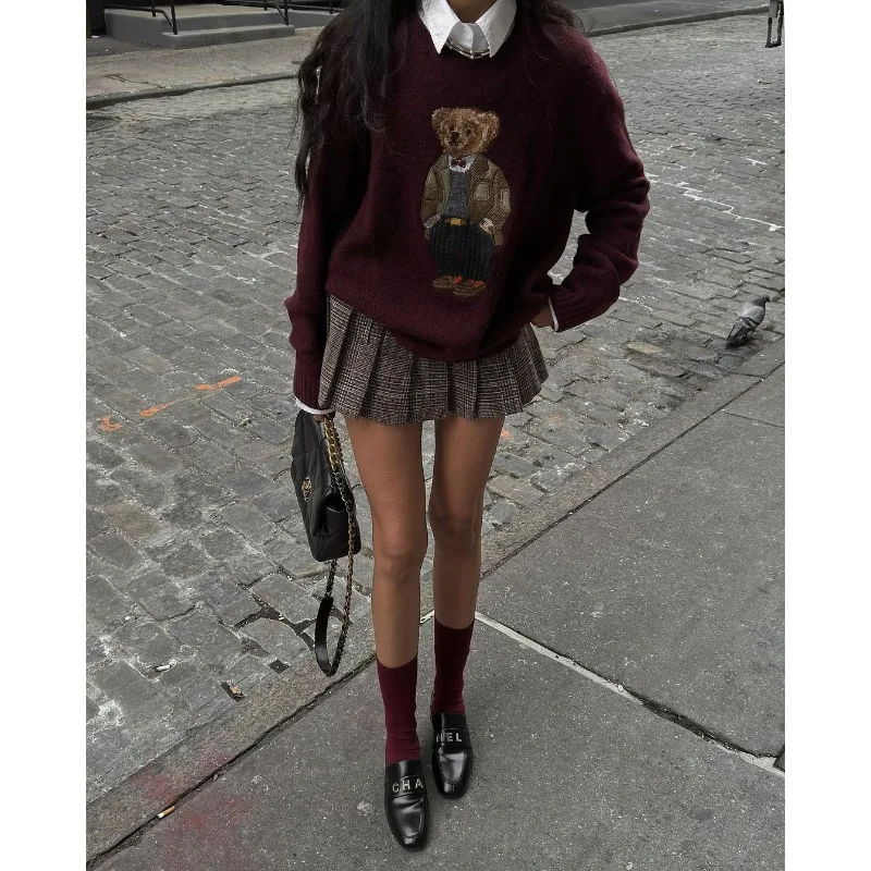 Y2k Zekye Winter Women's Sweater Clothing Bear Embroidery Round Neck Slim Fit Sweater Cartoon College Style Knitted Oversized - Image 6