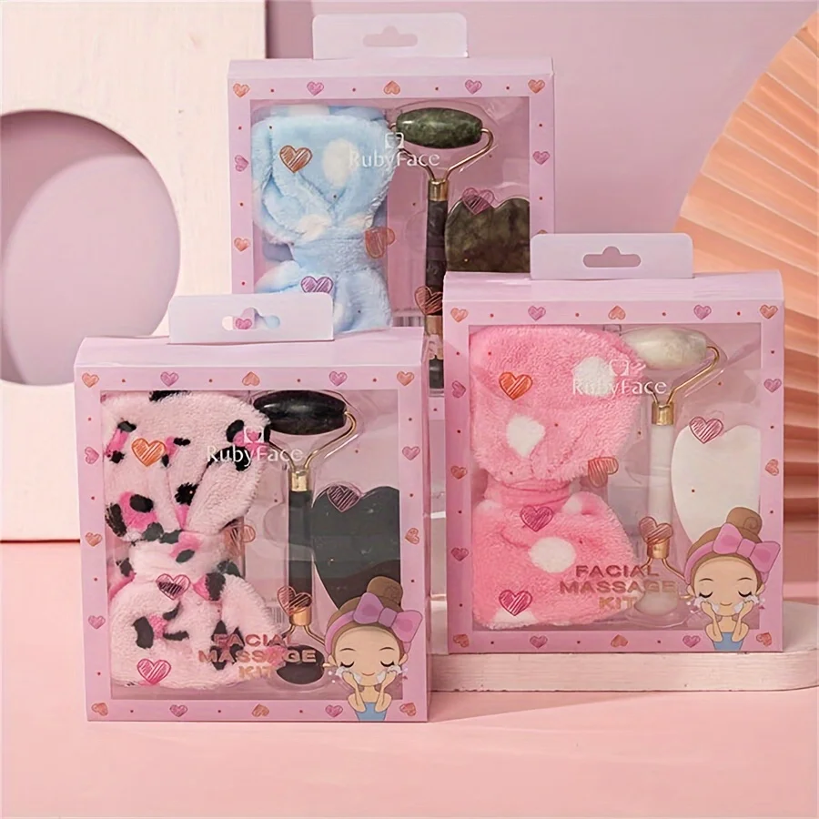 طقم أدوات تجميل مكون من 3 قطع مع صندوق هدايا وعصابة رأس سبا من اليشم وهدية تجميل للفتيات من Gua Sha Board #1