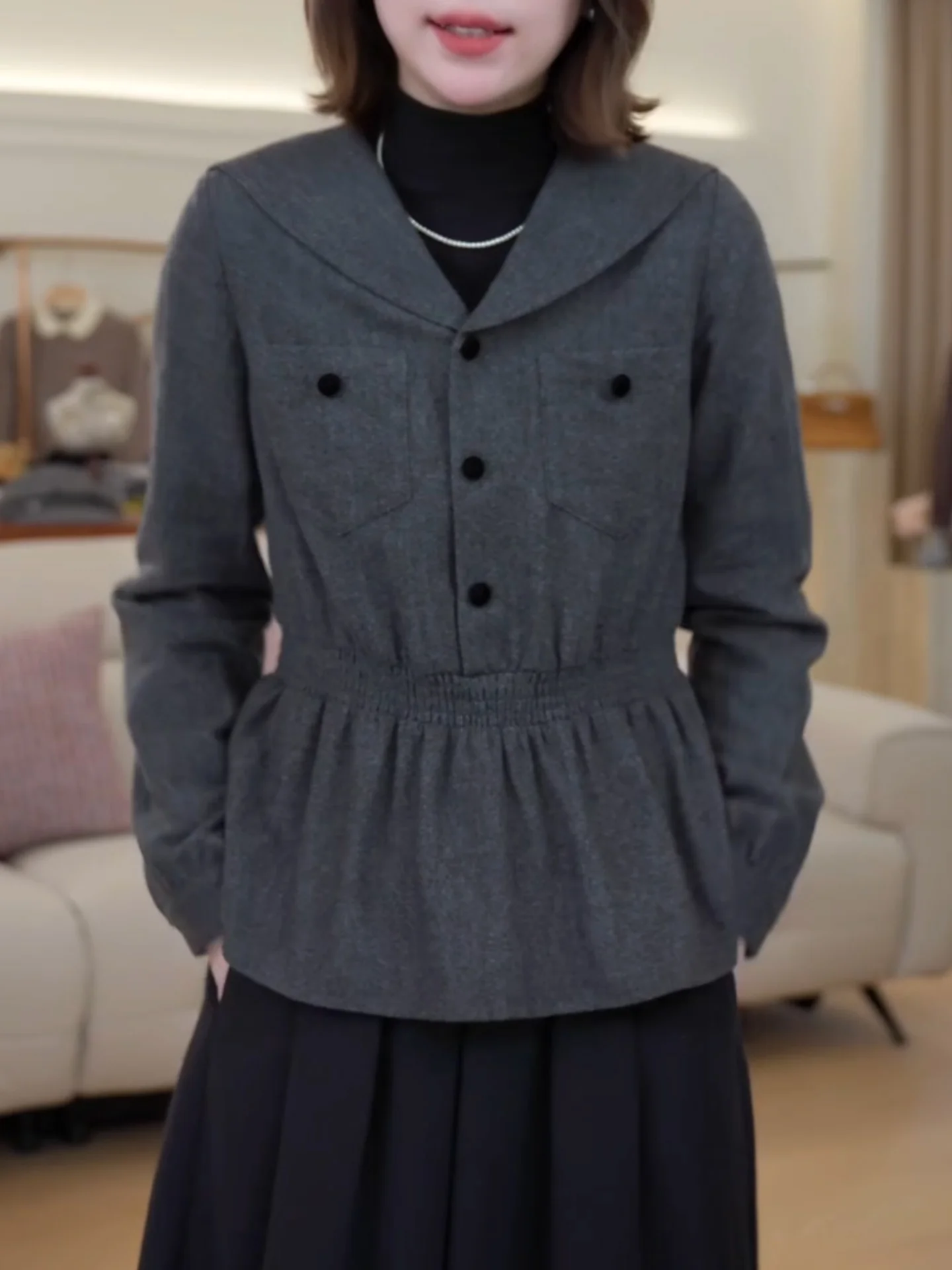 

Retro Hong Kong Sle Women's irt Bubble Sve Naval Collar Waist-Cinching Long Sve Autumn Winter plus Size Casual Wear