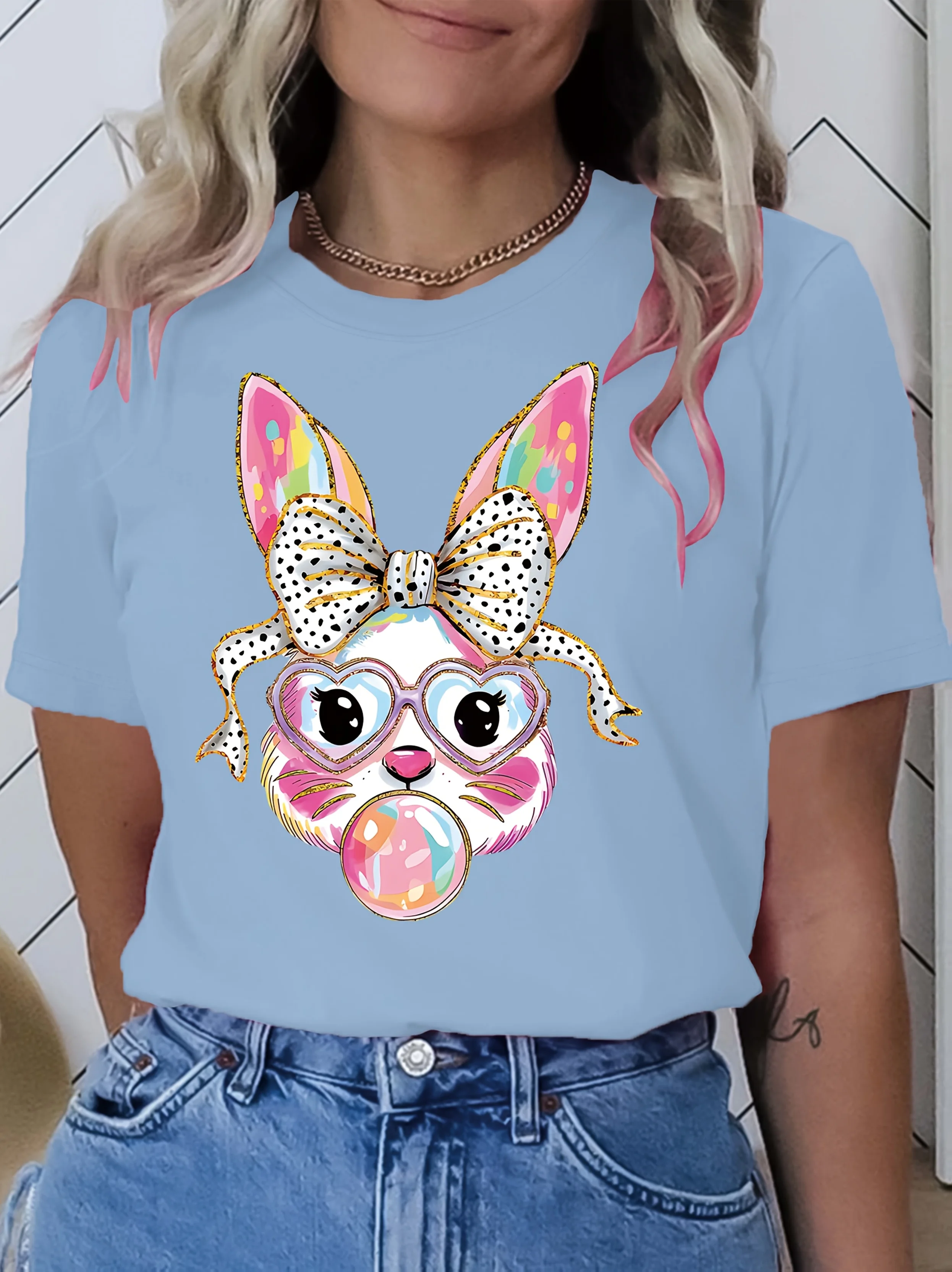 Flash Easter Bunny Bubble Bunny Printed Round Neck T-shirt Four Seasons Casual Short Sleeve Round Neck T-shirt Women's Wear