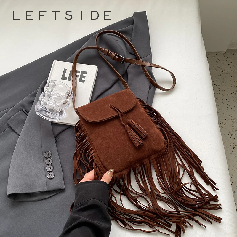 حقائب كتف صغيرة من جلد البولي يوريثان بتصميم Leftside للنساء 2025 حقيبة كروس جديدة بشراشيب للسيدات ​ حقائب اليد والمحافظ الفاخرة