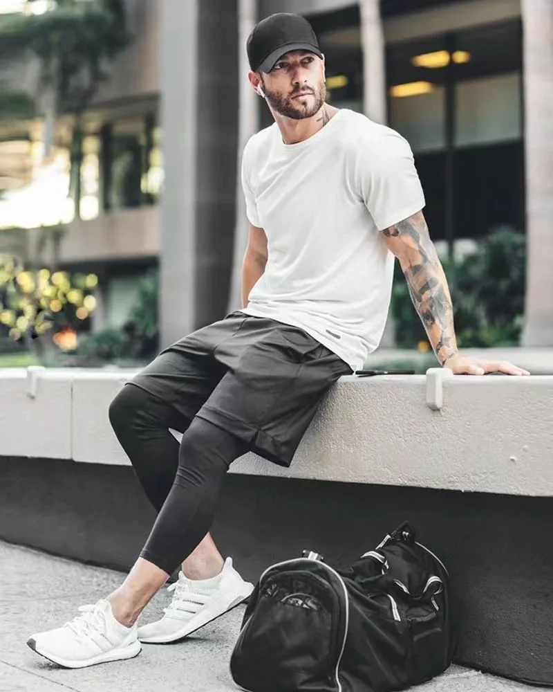 

New Sporting Pants Men Elastic Breathable Two Piece Running Training Pants Gyms Ankle-Length Pants Quick-drying Men Pants