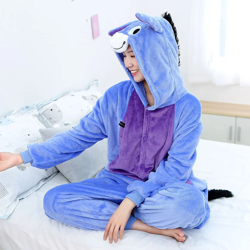 Piyama wanita motif hewan Kigurumi Onesies uniseks pakaian tidur hangat musim dingin dewasa kostum Cosplay Anime Halloween jumpsuit kartun