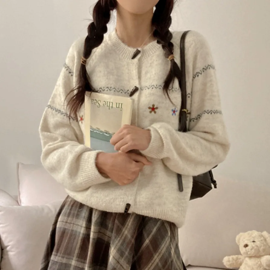 المرأة محبوك مفتوحة الجبهة سترة معطف مطرز زر فضفاض تنوعا الخريف الشتاء Faion الكورية Sle طويل Sve