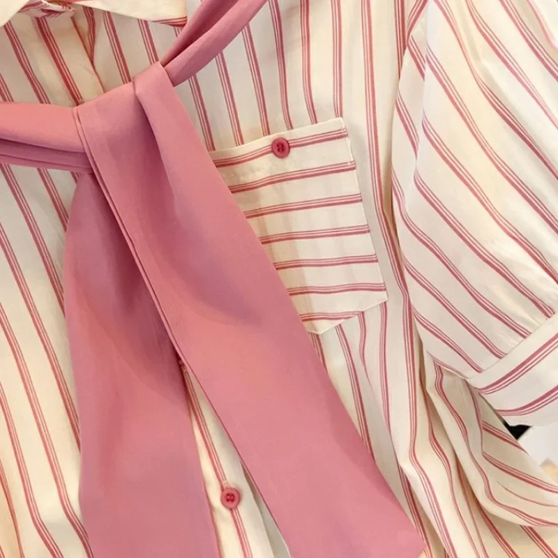 Женская летняя трендовая одежда, полосатая рубашка с коротким рукавом и карманом, милая Повседневная Офисная Женская рубашка и блузка