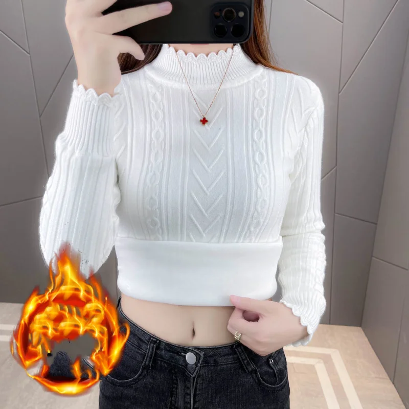 Autumn Winter New Women\'s Thickening Half High Collar Screw Thread Pullovers Sweaters Fashion Slim Commuter Long Sleeve Tops