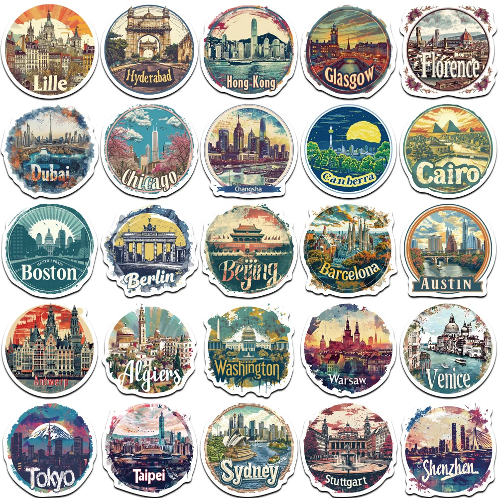 10/30/50pcs Famous World Landscape Country City Cartoon Stickers Decal for Laptop Water Bottle Aesthetic Decoration Sticker Pack