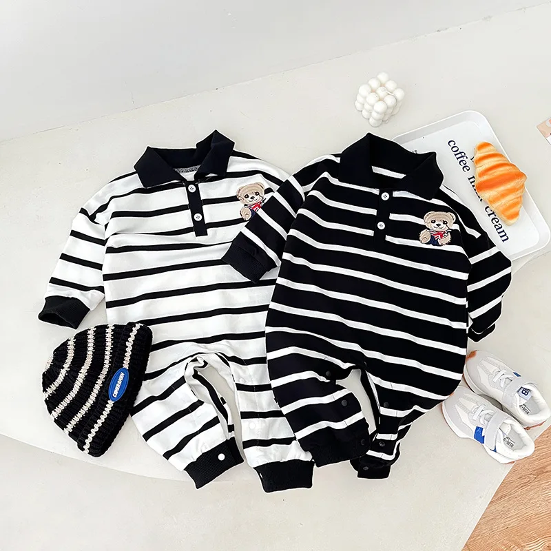 Baby Clothes Striped Baby Bear Romper One-piece Clothes Early Autumn Baby Foreign Clothes for Spring and Autumn